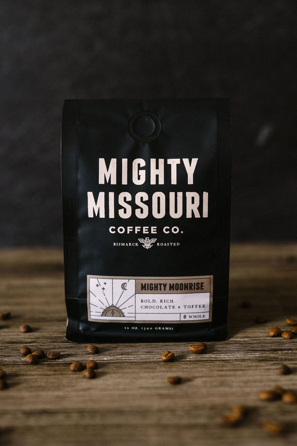 
                  
                    Mighty Missouri Coffee Company Mighty Moonrise Coffee. Bold, Rich Chocolate and Toffee flavors, roasted in Bismarck, North Dakota.
                  
                