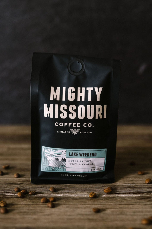 Mighty Missouri Coffee Company Lake Weekend Coffee. Hyper bright, juicy and floral coffee roasted in Bismarck, North Dakota.