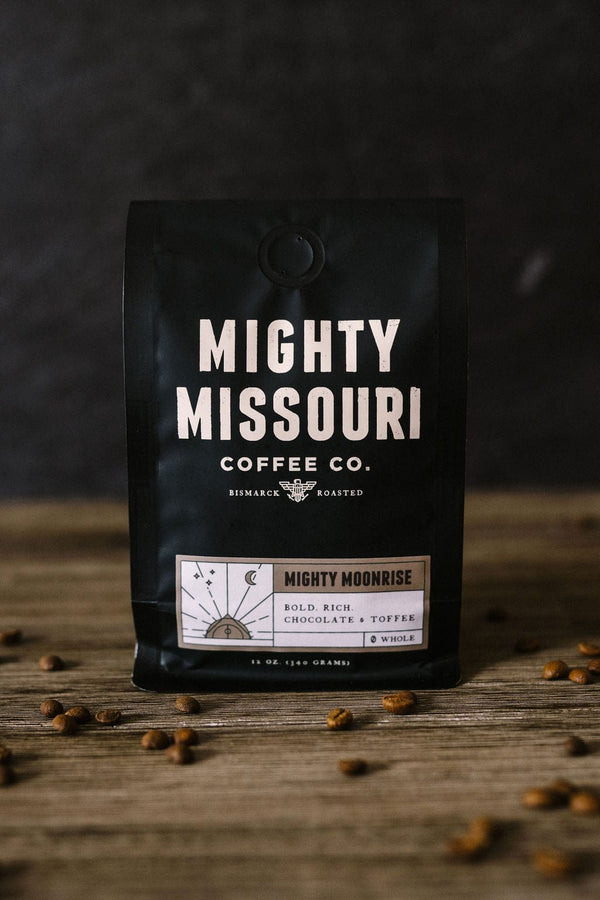 Mighty Missouri Coffee Company Mighty Moonrise Coffee. Bold, Rich Chocolate and Toffee flavors, roasted in Bismarck, North Dakota.