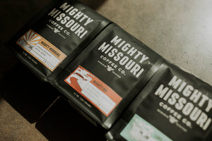 Mighty Missouri Coffee Company coffee packaging for coffee subscription bundle.