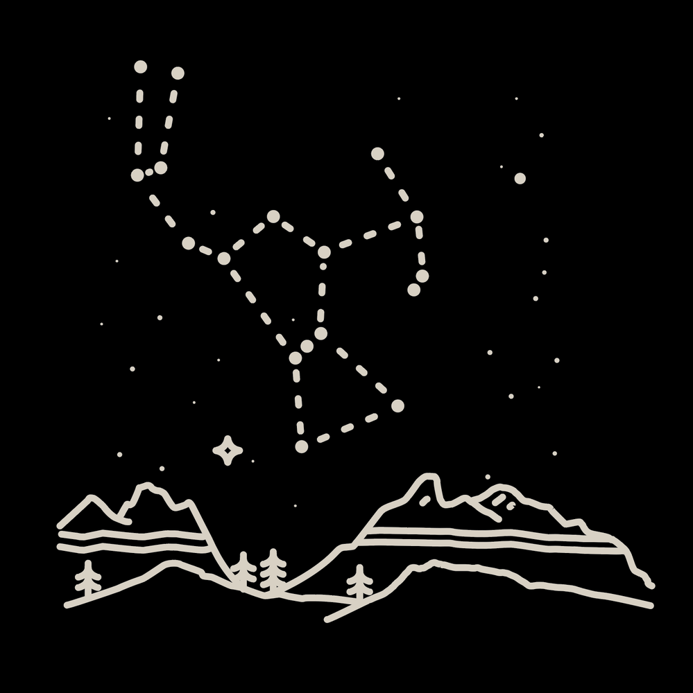 Design for Mighty Midnight Dark Roast coffee. Constellation Orion over the North Dakota Badlands