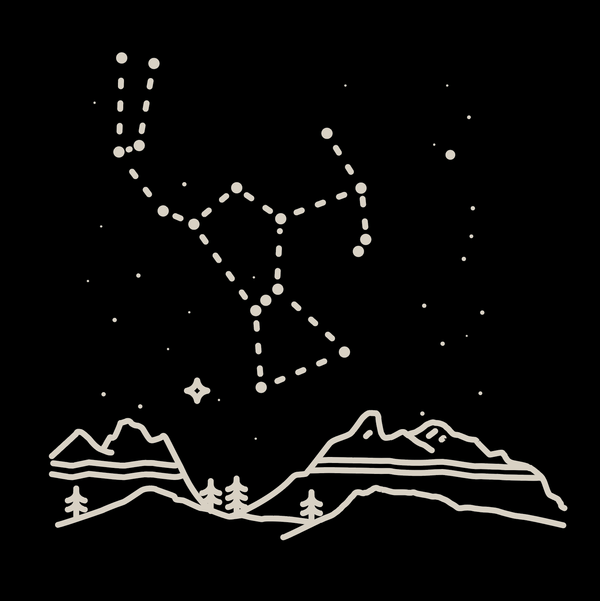 Design for Mighty Midnight Dark Roast coffee. Constellation Orion over the North Dakota Badlands