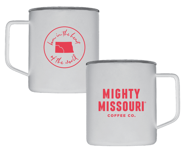 White Mighty Missouri Coffee Insulated Mug "Born in the heart of the world" on one side, Mighty Missouri Coffee Co. logo on the other.